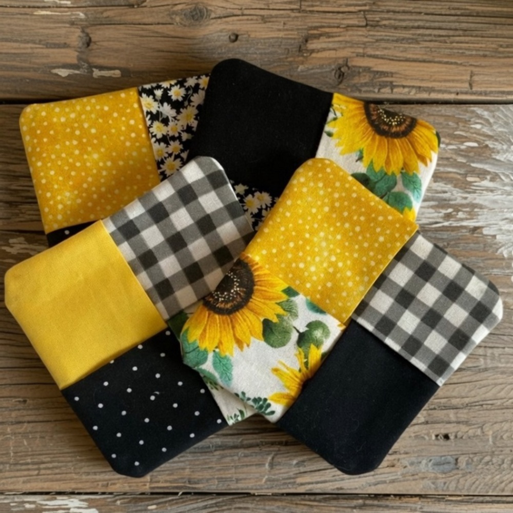 Handmade Sunflower & Black Buffalo Check Coaster Set